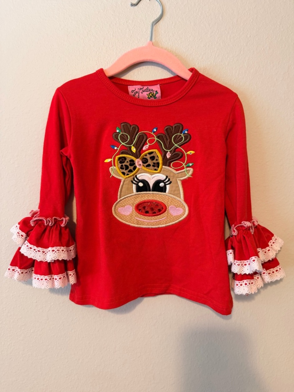 Boutique Red Holiday Reindeer Ruffle Sleeve Long-Sleeve Top 2T